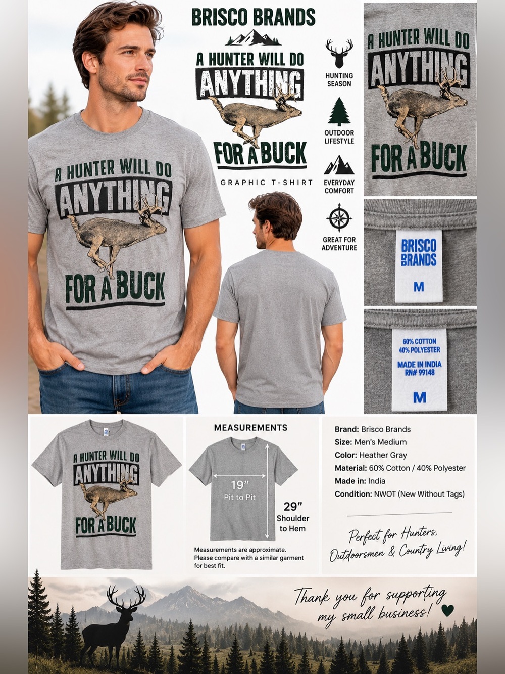 Brisco Brands A Hunter Will Do Anything For A Buck T-Shirt Men M Gray NWOT